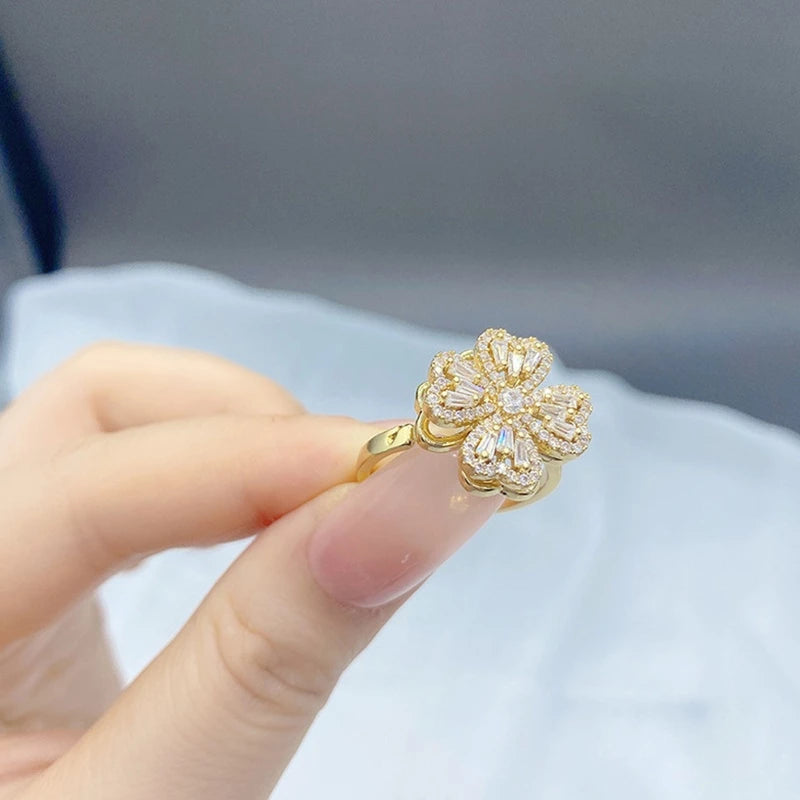 Adjustable Rotatable Four Leaf Clover Crystal Ring