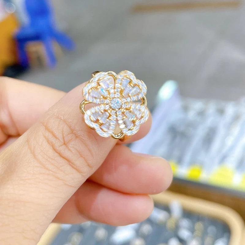 Adjustable Rotatable Four Leaf Clover Crystal Ring