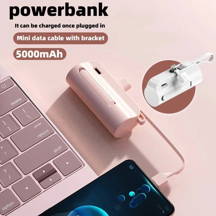 5000mah Portable Mini Powerbank for Iphone & Android Phone Built in Cable