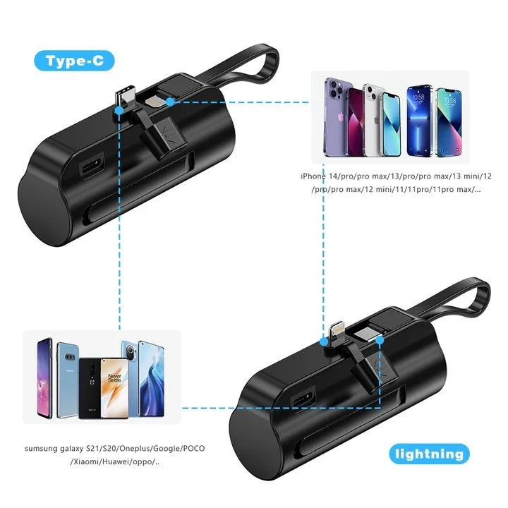 5000mah Portable Mini Powerbank for Iphone & Android Phone Built in Cable