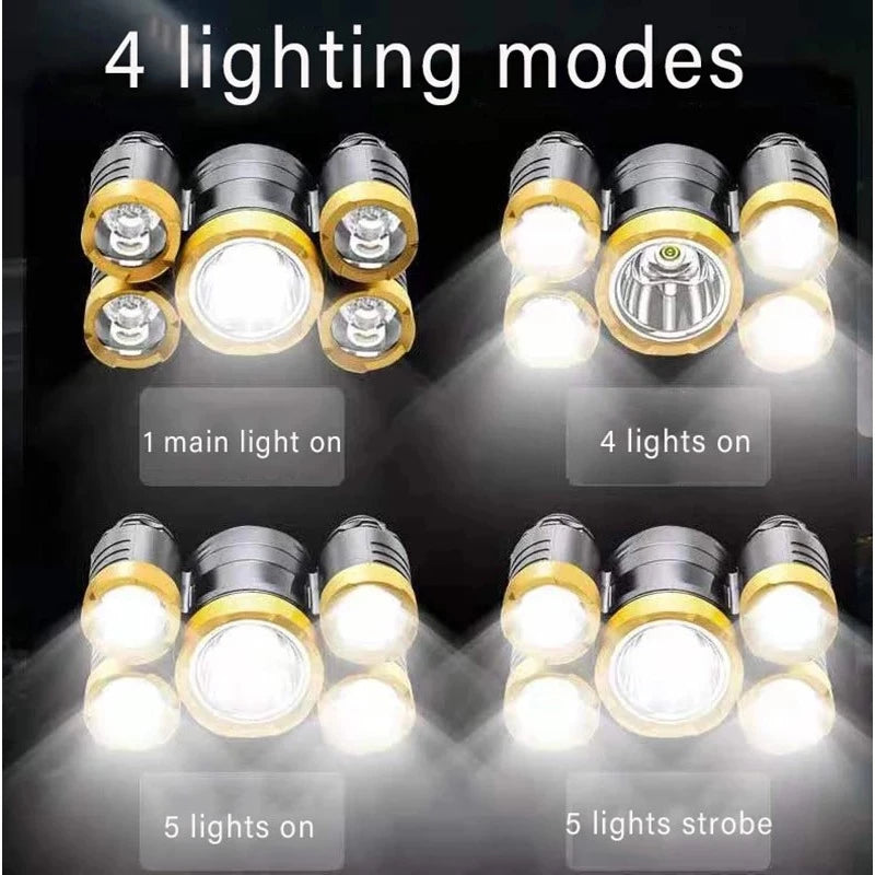 Portable Rechargeable 5 LED Adjustable Waterproof Headlamp Flashlight