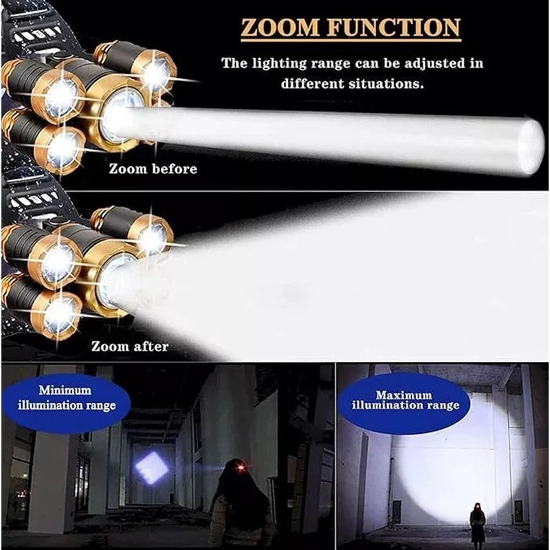 Portable Rechargeable 5 LED Adjustable Waterproof Headlamp Flashlight