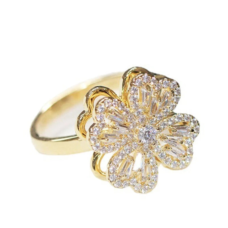 Adjustable Rotatable Four Leaf Clover Crystal Ring