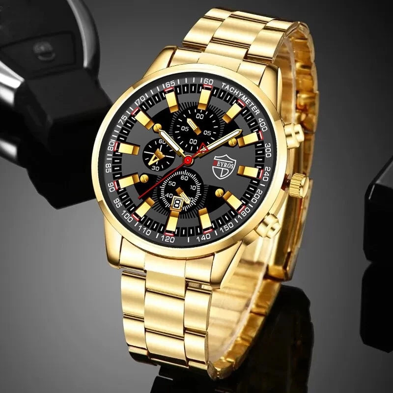 Gold Plated 3PCS Elegant Quartz Watch, Bracelet & Necklace