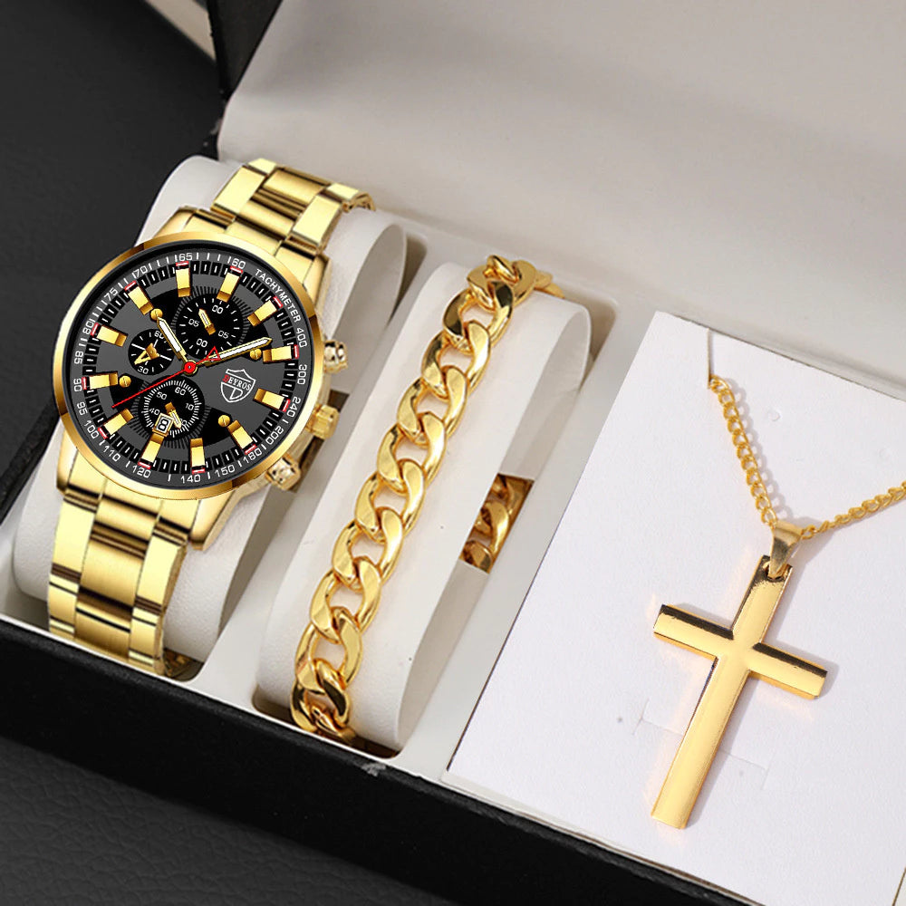 Gold Plated 3PCS Elegant Quartz Watch, Bracelet & Necklace