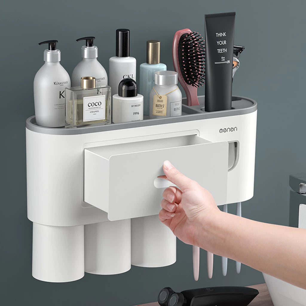 Magnetic Toothbrush Holder Organizer with Toothpaste Squeezer Dispenser Storage