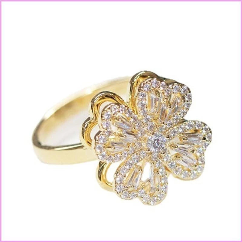 Adjustable Rotatable Four Leaf Clover Crystal Ring